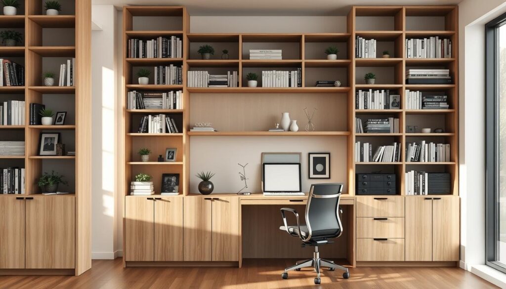 A modern bookcase designed for a home office, showcasing vertical integration with multi-functional features. The foreground includes a sleek, tall bookcase made of light oak, filled with neatly arranged books, decorative plants, and a few framed photos for a personal touch. In the middle, a stylish work surface blends seamlessly into the design, equipped with a minimalist desk and ergonomic chair. The background features a softly lit office space with large windows allowing natural light to pour in, creating a warm and inviting atmosphere. The overall mood reflects efficiency and organization, highlighting the importance of combining storage and workspace. Use soft, diffused lighting to enhance depth, shot with a slightly elevated angle for a comprehensive view.