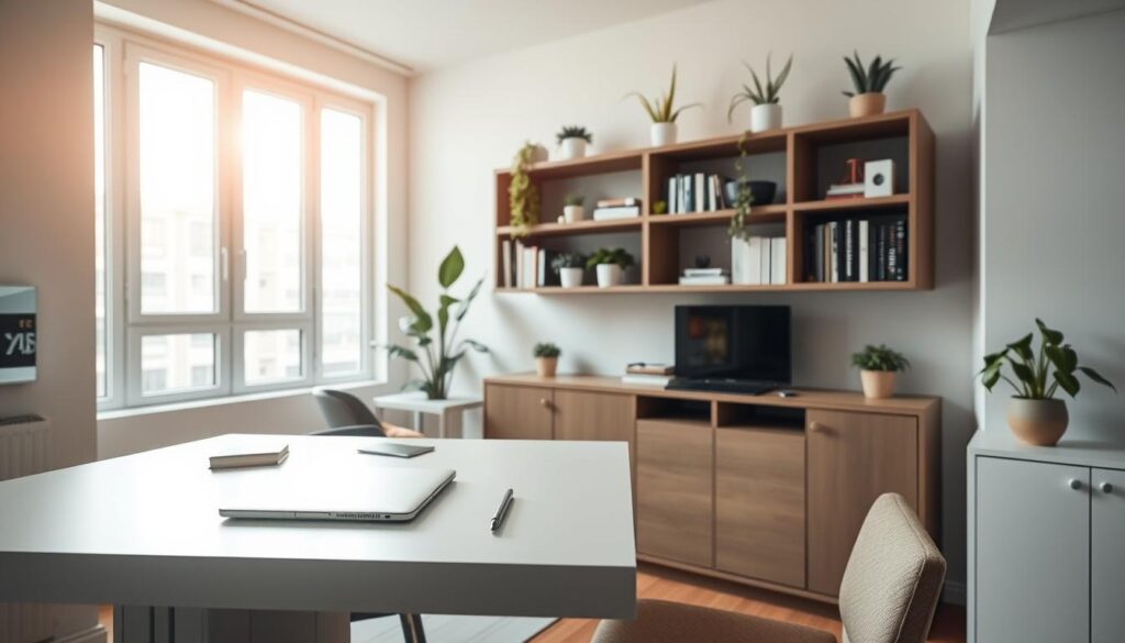 A modern, compact studio apartment showcasing a versatile, folding work surface that seamlessly integrates into the living space. In the foreground, a sleek, multifunctional desk is partially folded, revealing a clean and tidy workspace adorned with minimalistic stationery and a laptop. The middle layer features cleverly designed storage solutions, such as wall-mounted shelves filled with books and plants, emphasizing organization in a small space. In the background, large windows allow soft, natural light to filter in, illuminating the room with a warm, inviting glow. The atmosphere is harmonious and efficient, representing the essence of flexible living in tight quarters. The camera angle is slightly elevated, capturing a spacious feel while maintaining focus on the folding furniture, promoting an inspiring and practical vibe for studio living.