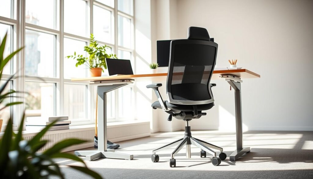 A modern desk setup in a bright, airy office space, featuring a sleek, ergonomic desk with a built-in sit-stand mechanism. In the foreground, a stylish office chair is positioned beside the desk, showcasing its adjustable height and lumbar support, emphasizing comfort and functionality. The middle ground includes a laptop with an external monitor, a potted plant for a touch of nature, and organized stationery, conveying a productive work environment. In the background, large windows allow natural light to flood the room, illuminating the space and casting soft shadows. The atmosphere is inviting and focused, ideal for promoting movement and efficiency in limited floor space. Shot with a wide-angle lens to capture the entire scene in soft, diffused lighting for a professional yet warm vibe.