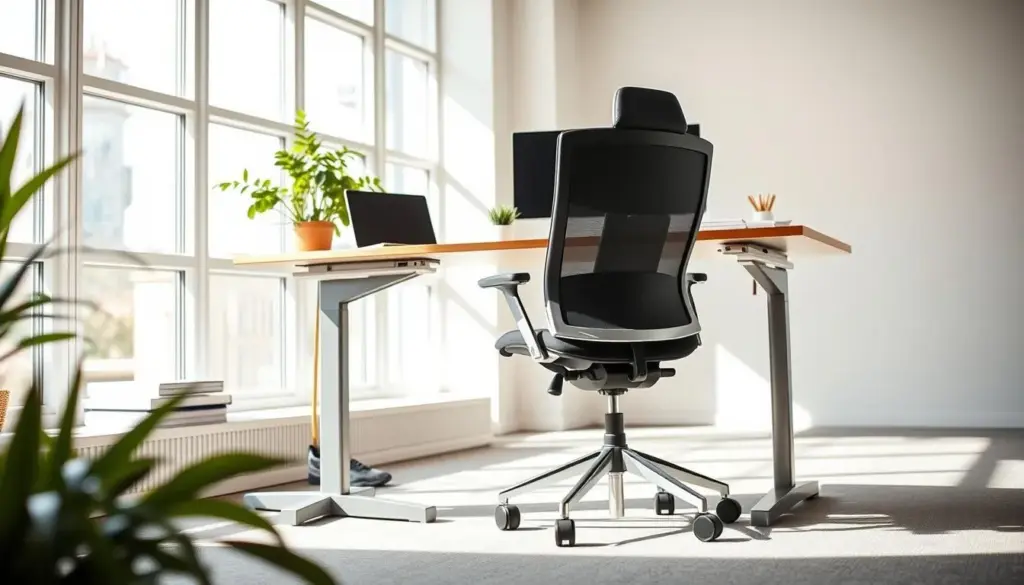 A modern desk setup in a bright, airy office space, featuring a sleek, ergonomic desk with a built-in sit-stand mechanism. In the foreground, a stylish office chair is positioned beside the desk, showcasing its adjustable height and lumbar support, emphasizing comfort and functionality. The middle ground includes a laptop with an external monitor, a potted plant for a touch of nature, and organized stationery, conveying a productive work environment. In the background, large windows allow natural light to flood the room, illuminating the space and casting soft shadows. The atmosphere is inviting and focused, ideal for promoting movement and efficiency in limited floor space. Shot with a wide-angle lens to capture the entire scene in soft, diffused lighting for a professional yet warm vibe.