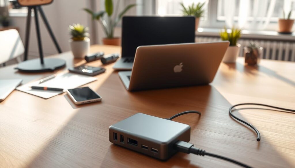 A modern desktop scene featuring a stylish charging hub placed prominently on a wooden desk, illuminated by soft, natural lighting. In the foreground, the charging hub is sleek and compact, with multiple ports visible, showcasing a harmonious design. The middle area includes a laptop and a few scattered items like a notepad and a pen, suggesting an organized workspace. In the background, a large window filters in gentle sunlight, illuminating a few potted plants that add a touch of green to the scene. The overall atmosphere is professional yet inviting, highlighting the importance of accessibility in a tidy workspace, with a focus on the charging hub as a practical solution to wire chaos. The angle is slightly overhead, capturing the full essence of the desk layout.