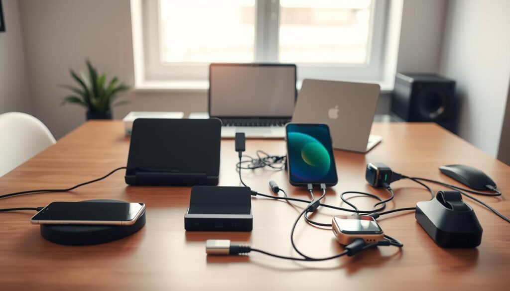 A modern desktop workspace featuring a variety of devices strategically placed to optimize charging needs and minimize wire chaos. In the foreground, there are sleek wireless chargers and a compact docking station, with smartphones, a tablet, and a smartwatch neatly organized. The middle ground showcases a stylish laptop and an array of charging cables seamlessly routed under the desk. In the background, a window lets in soft, natural light that highlights the polished desktop surface. The overall atmosphere is clean and organized, conveying a sense of efficiency and modernity. The image is captured from a slightly elevated angle, allowing for a comprehensive view of the setup, framed with a warm, inviting ambiance. No people are present, focusing entirely on the devices and their arrangement.