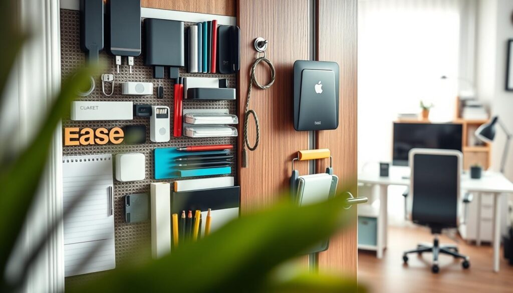 A modern door organizer filled with tech and office supplies, visually showcasing a variety of items such as chargers, notebooks, pens, and file folders. In the foreground, blurred details of the supplies create a sense of depth, while the door itself serves as a canvas for these organizational tools. The middle ground features the door with an elegant design, perhaps a rich wood or a sleek white finish, complemented by a few decorative elements like a small plant or a stylish hook for keys. The background reveals a well-lit home office, conveying a tidy and functional workspace atmosphere. Soft, natural lighting casts gentle shadows, enhancing the organizational features. The composition should inspire a sense of creativity and efficiency in daily work life.