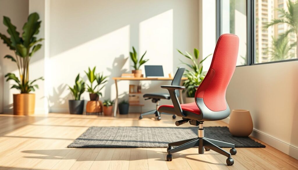 A modern, ergonomic office chair designed for small spaces, featuring a sleek, minimalist aesthetic. The chair is upholstered in vibrant, breathable fabric with a curved backrest and adjustable arms, set against a light wood floor. In the foreground, the chair is positioned on a simple area rug, giving it a cozy touch. The middle space reveals a compact desk with a laptop, surrounded by houseplants for a refreshing vibe. Natural light floods in from a large window, casting soft shadows that create a warm atmosphere. The environment conveys a blend of professionalism and comfort, appealing to trends in modern workspace design. The image captures a stylish, inviting workspace without any people present, allowing the focus to remain solely on the chair and its context.