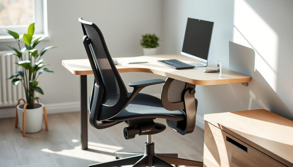 A modern ergonomic office chair positioned at a sleek corner desk, designed to optimize workspace for better focus. The chair has an adjustable height feature, with a mesh back providing support and breathability. The desk is made of light wood, showcasing a subtle grain, and is set at the ideal height for comfortable typing. Soft natural light filters through a nearby window, casting gentle shadows and highlighting the textures of the chair and desk. In the background, a minimalist office environment features a potted plant and an organized shelf with books. The mood is calm and professional, encouraging productivity in a well-designed workspace. The image is captured from a slightly elevated angle, emphasizing the desk's setup and encouraging an inviting atmosphere for work.