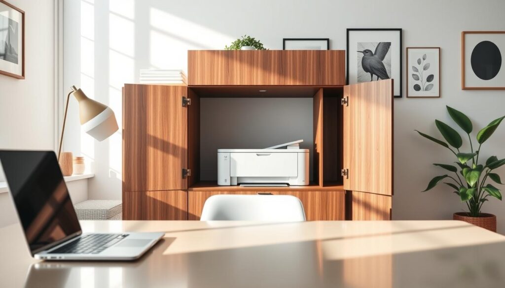 A modern home office scene featuring a sleek, hidden printer solution seamlessly integrated into stylish furniture. In the foreground, a polished desk showcases minimalistic decor and a laptop. The middle layer highlights a discreet printer built into a beautiful wooden cabinet, with hinged doors slightly ajar to reveal the printer inside. The background presents a cozy, well-lit room with soft natural light streaming through a window, casting gentle shadows. The walls are adorned with chic art and greenery, creating a calming atmosphere. The entire composition conveys a sense of order and cleanliness, perfect for a modern workspace. The mood is serene and inspiring, inviting focus and productivity. Use a wide-angle lens for a spacious feel, ensuring a bright and inviting color palette.