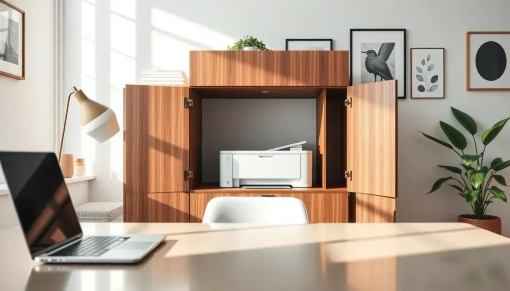 A modern home office scene featuring a sleek, hidden printer solution seamlessly integrated into stylish furniture. In the foreground, a polished desk showcases minimalistic decor and a laptop. The middle layer highlights a discreet printer built into a beautiful wooden cabinet, with hinged doors slightly ajar to reveal the printer inside. The background presents a cozy, well-lit room with soft natural light streaming through a window, casting gentle shadows. The walls are adorned with chic art and greenery, creating a calming atmosphere. The entire composition conveys a sense of order and cleanliness, perfect for a modern workspace. The mood is serene and inspiring, inviting focus and productivity. Use a wide-angle lens for a spacious feel, ensuring a bright and inviting color palette. A modern home office scene featuring a sleek, hidden printer solution seamlessly integrated into stylish furniture. In the foreground, a polished desk showcases minimalistic decor and a laptop. The middle layer highlights a discreet printer built into a beautiful wooden cabinet, with hinged doors slightly ajar to reveal the printer inside. The background presents a cozy, well-lit room with soft natural light streaming through a window, casting gentle shadows. The walls are adorned with chic art and greenery, creating a calming atmosphere. The entire composition conveys a sense of order and cleanliness, perfect for a modern workspace. The mood is serene and inspiring, inviting focus and productivity. Use a wide-angle lens for a spacious feel, ensuring a bright and inviting color palette.