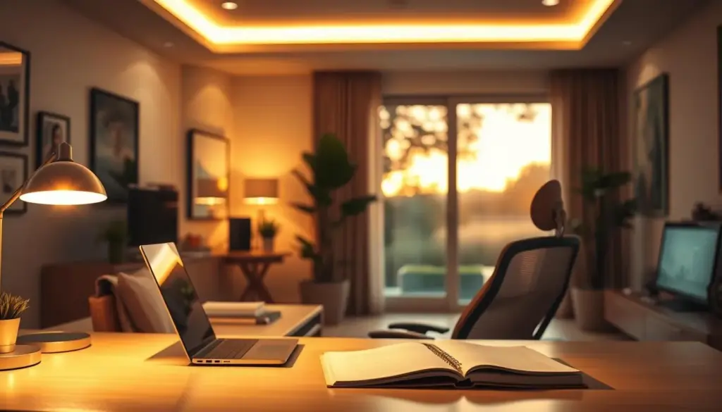 A modern home office space bathed in warm, inviting light, showcasing various lighting fixtures like sleek desk lamps, soft LED strips, and ambient ceiling lights. In the foreground, a stylish desk cluttered with notebooks and a laptop glimmers under focused downlighting, enhancing its functionality. The middle ground features a comfortable ergonomic chair and a potted plant, casting soft shadows that emphasize the cozy atmosphere. In the background, a large window reveals a serene view of nature, tinted with the golden hues of sunset. The overall mood is tranquil and inspiring, evoking a sense of productivity and well-being, captured with a shallow depth of field for a soft, dreamy effect. The scene is shot from a slightly elevated angle to provide an optimal overview.