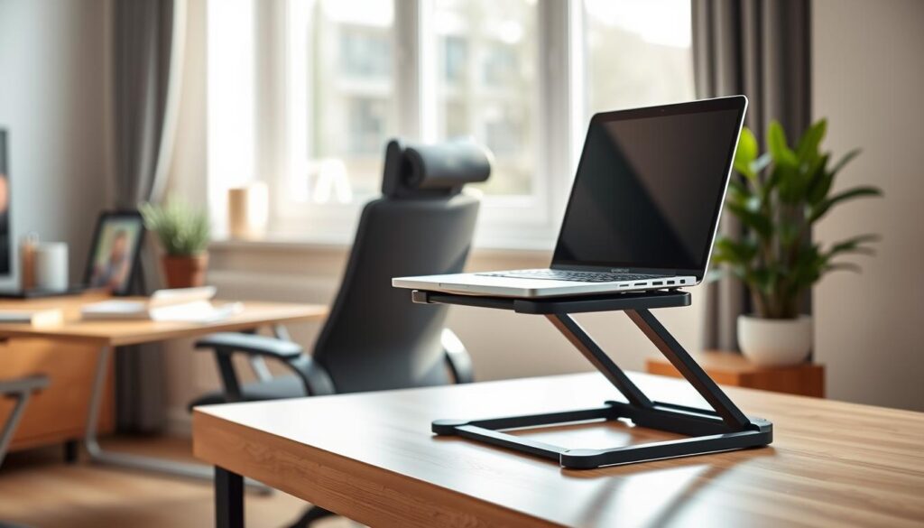 A modern laptop stand set at the optimal screen height for ergonomic viewing, placed on a sleek wooden desk in a well-lit home office. In the foreground, focus on the laptop stand, showcasing its adjustable features and a slim laptop poised on top. The middle ground captures a comfortable office chair, with a neatly organized workspace including a potted plant and office essentials. The background features a soft-focus window allowing natural light to flood the room, creating a warm and inviting atmosphere. Use soft, diffused lighting to enhance the cozy ambiance and ensure the focus remains on the laptop stand’s ergonomics. The composition should evoke a sense of professionalism and relatability, showcasing a practical and stylish portable setup.