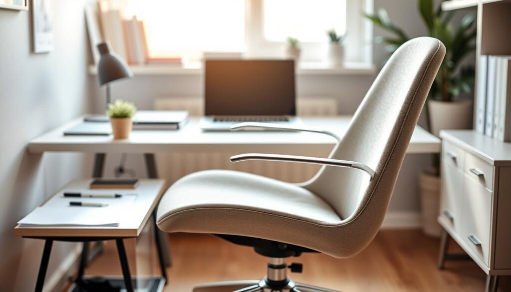 A modern low-profile office chair that supports good posture, situated in a small, stylish workspace. The chair features a sleek design with ergonomic curves, upholstered in a neutral fabric. In the foreground, the chair is angled slightly, showcasing its compact dimensions and supportive backrest. The middle ground includes a tidy desk with a laptop, scattered stationery, and a small potted plant, emphasizing a well-organized work environment. In the background, soft natural light filters through a window, casting gentle shadows and creating a warm atmosphere. The scene is framed with a slightly shallow depth of field, keeping the chair in sharp focus while softly blurring the surrounding details, evoking a sense of tranquility and productivity.