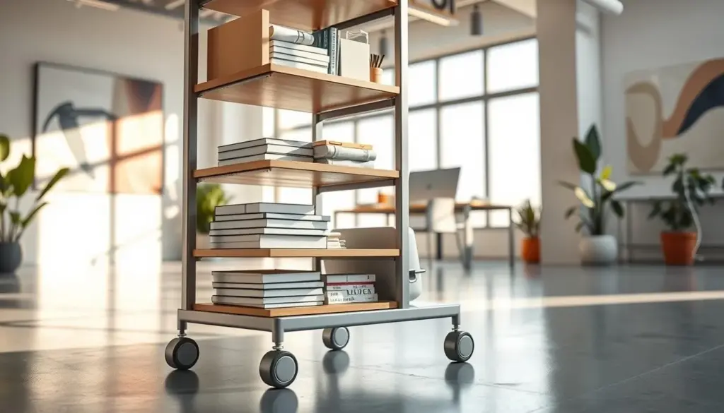A modern mobile storage cart with multiple tiers, featuring sleek metal frames and wooden shelves, positioned in a bright, contemporary office environment. The cart is neatly organized with office supplies, notebooks, and personal items for easy access. In the foreground, focus on the cart's details—smooth wheels and minimalist design elements. The middle ground showcases a spacious office with large windows allowing natural light to pour in, casting soft, warm shadows. The background includes abstract art on the walls and potted plants for a vibrant atmosphere. Use a close-up angle to emphasize the cart's functionality and design, capturing a professional yet inviting mood, ideal for enhancing workflow.