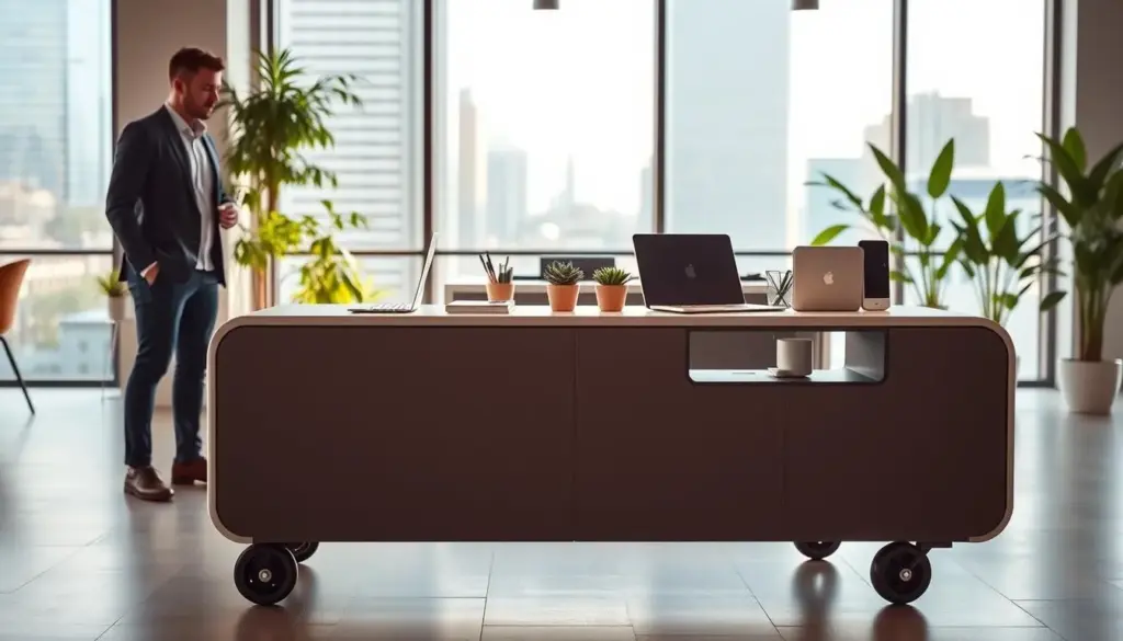 A modern mobile workstation in a bright, open office space. In the foreground, a sleek, minimalist desk on wheels with a built-in laptop, succulent plants, and office supplies neatly arranged. In the middle ground, a professional individual in smart-casual clothing stands beside the workstation, engaged in a video call. The background features large windows with natural light pouring in, showcasing a bustling cityscape outside, and green plants adding life to the environment. The atmosphere is productive and dynamic, conveying the trend of mobility in workspaces. Use soft, warm lighting to create an inviting feel, shot from a slightly elevated angle to emphasize the workstation's design.
