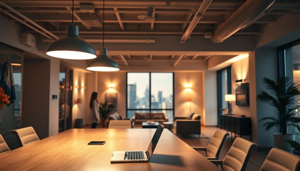 A modern multi-use room bathed in various brightness levels, showcasing adjustable lighting options. In the foreground, sleek, dimmable pendant lights hang above a stylish conference table, casting a warm glow over a laptop and appearance-enhancing materials. The middle features an open-plan layout displaying a cozy lounge area with soft, adjustable LED wall lights illuminating the space. In the background, large windows reveal a sunlit cityscape, contrasting with the artificial lighting in the room. The atmosphere is adaptable, balancing between warmth and functionality, promoting creativity and productivity. The lens captures the scene from a slightly elevated angle, emphasizing the interplay of natural and artificial light, conveying clarity and sophistication in design.