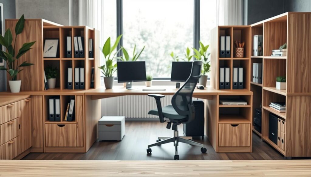 A modern office desk featuring vertical storage solutions, capturing the essence of innovative design. In the foreground, a sleek, minimalist desk made of light wood, equipped with vertical file holders and shelves on each side, showcases organized folders and office supplies. In the middle, a well-placed ergonomic chair complements the desk, emphasizing comfort and productivity. The background reveals a tastefully decorated office space with indoor plants and a large window allowing natural light to flood the room, creating a bright and inviting atmosphere. The scene is well-lit, highlighting the textures of the desk and storage elements, captured at a slight angle to emphasize depth and functionality. The overall mood is professional and efficient, suitable for a contemporary workspace. A modern office desk featuring vertical storage solutions, capturing the essence of innovative design. In the foreground, a sleek, minimalist desk made of light wood, equipped with vertical file holders and shelves on each side, showcases organized folders and office supplies. In the middle, a well-placed ergonomic chair complements the desk, emphasizing comfort and productivity. The background reveals a tastefully decorated office space with indoor plants and a large window allowing natural light to flood the room, creating a bright and inviting atmosphere. The scene is well-lit, highlighting the textures of the desk and storage elements, captured at a slight angle to emphasize depth and functionality. The overall mood is professional and efficient, suitable for a contemporary workspace.