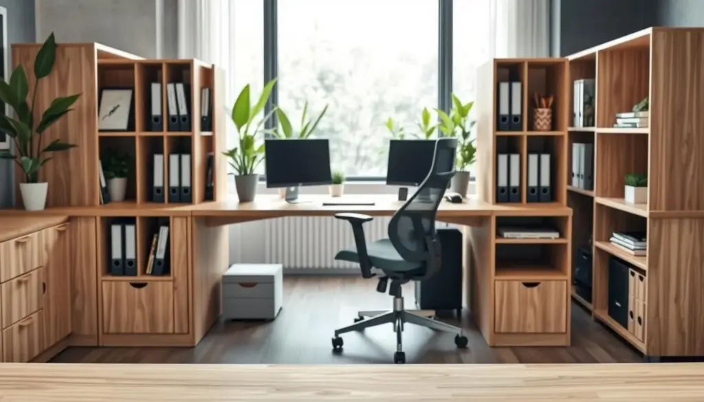 A modern office desk featuring vertical storage solutions, capturing the essence of innovative design. In the foreground, a sleek, minimalist desk made of light wood, equipped with vertical file holders and shelves on each side, showcases organized folders and office supplies. In the middle, a well-placed ergonomic chair complements the desk, emphasizing comfort and productivity. The background reveals a tastefully decorated office space with indoor plants and a large window allowing natural light to flood the room, creating a bright and inviting atmosphere. The scene is well-lit, highlighting the textures of the desk and storage elements, captured at a slight angle to emphasize depth and functionality. The overall mood is professional and efficient, suitable for a contemporary workspace. A modern office desk featuring vertical storage solutions, capturing the essence of innovative design. In the foreground, a sleek, minimalist desk made of light wood, equipped with vertical file holders and shelves on each side, showcases organized folders and office supplies. In the middle, a well-placed ergonomic chair complements the desk, emphasizing comfort and productivity. The background reveals a tastefully decorated office space with indoor plants and a large window allowing natural light to flood the room, creating a bright and inviting atmosphere. The scene is well-lit, highlighting the textures of the desk and storage elements, captured at a slight angle to emphasize depth and functionality. The overall mood is professional and efficient, suitable for a contemporary workspace.