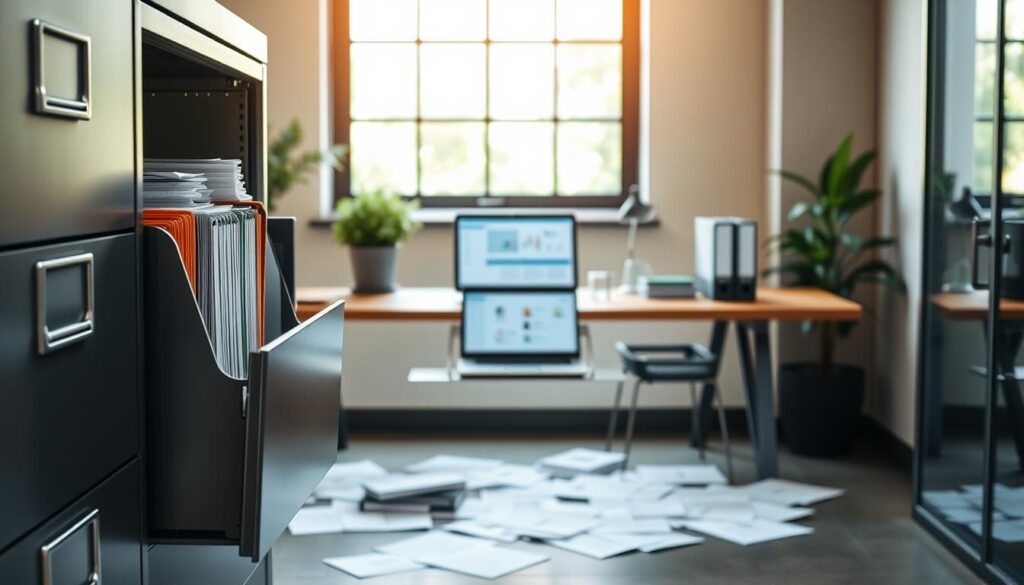 A modern office environment focused on document management. In the foreground, a sleek metal filing cabinet opens to reveal organized folders and labeled files. In the middle, a wooden desk with a laptop displaying a clear document management software interface, surrounded by scattered paper documents and a stylish organizer. To the background, a large window lets in soft natural light, creating a warm atmosphere with greenery outside. The setting is clean and professional, showcasing a balance between physical and digital organization. Use a slightly elevated angle for a comprehensive view, emphasizing the harmony of traditional filing and modern technology. Aim for a calm, productive mood that illustrates efficiency in document management.
