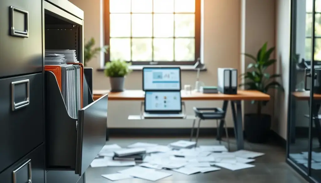 A modern office environment focused on document management. In the foreground, a sleek metal filing cabinet opens to reveal organized folders and labeled files. In the middle, a wooden desk with a laptop displaying a clear document management software interface, surrounded by scattered paper documents and a stylish organizer. To the background, a large window lets in soft natural light, creating a warm atmosphere with greenery outside. The setting is clean and professional, showcasing a balance between physical and digital organization. Use a slightly elevated angle for a comprehensive view, emphasizing the harmony of traditional filing and modern technology. Aim for a calm, productive mood that illustrates efficiency in document management. A modern office environment focused on document management. In the foreground, a sleek metal filing cabinet opens to reveal organized folders and labeled files. In the middle, a wooden desk with a laptop displaying a clear document management software interface, surrounded by scattered paper documents and a stylish organizer. To the background, a large window lets in soft natural light, creating a warm atmosphere with greenery outside. The setting is clean and professional, showcasing a balance between physical and digital organization. Use a slightly elevated angle for a comprehensive view, emphasizing the harmony of traditional filing and modern technology. Aim for a calm, productive mood that illustrates efficiency in document management.