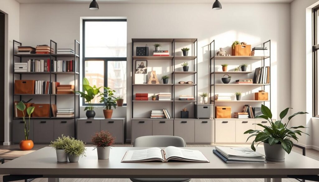 A modern office interior, emphasizing maximized vertical storage solutions to create a clutter-free workspace. In the foreground, a sleek, minimalist desk supports a vibrant array of plants and an open notebook. The middle section showcases stylish wall-mounted shelves filled with neatly organized office essentials like books, storage boxes, and decorative items, all arranged to enhance accessibility. The backdrop features large windows allowing natural light to flood in, casting soft shadows and creating a warm atmosphere. The scene is captured from a slightly elevated angle, emphasizing the height of the shelves. The overall mood is inspiring and productive, showcasing an efficient use of vertical space in a professional setting, designed for focus and tranquility. A modern office interior, emphasizing maximized vertical storage solutions to create a clutter-free workspace. In the foreground, a sleek, minimalist desk supports a vibrant array of plants and an open notebook. The middle section showcases stylish wall-mounted shelves filled with neatly organized office essentials like books, storage boxes, and decorative items, all arranged to enhance accessibility. The backdrop features large windows allowing natural light to flood in, casting soft shadows and creating a warm atmosphere. The scene is captured from a slightly elevated angle, emphasizing the height of the shelves. The overall mood is inspiring and productive, showcasing an efficient use of vertical space in a professional setting, designed for focus and tranquility.