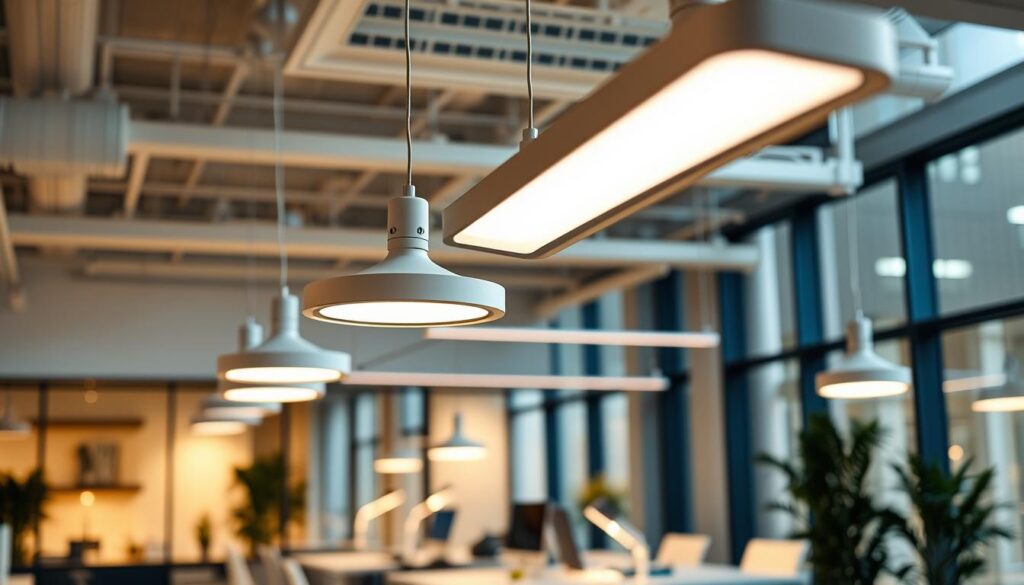 A modern office interior showcasing various innovative low-energy lighting systems. In the foreground, focus on sleek LED light fixtures with adjustable brightness settings, suspended from the ceiling in an open-plan workspace. In the middle ground, include a well-organized desk with energy-efficient task lighting illuminating a minimalist workspace featuring smart technology. The background should depict large windows allowing natural light to filter in, enhancing the atmosphere. Use soft, warm lighting to create a welcoming and productive environment, with a focus on contrasts between artificial and natural light. The overall mood is professional yet inviting, emphasizing efficiency and modern design. Capture the image with a slight depth of field, providing a clear focus on the lighting systems while subtly blurring the background elements.