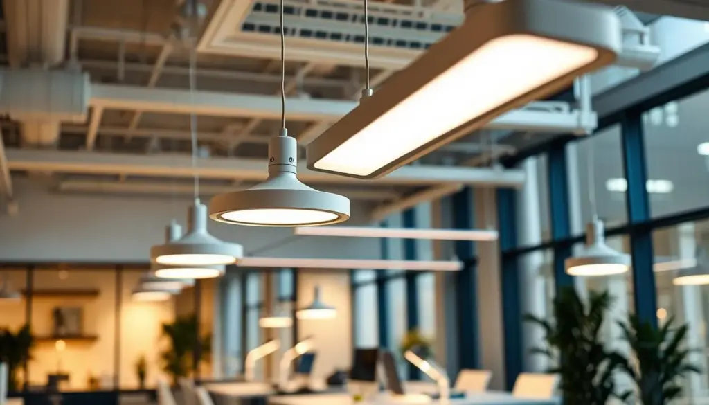 A modern office interior showcasing various innovative low-energy lighting systems. In the foreground, focus on sleek LED light fixtures with adjustable brightness settings, suspended from the ceiling in an open-plan workspace. In the middle ground, include a well-organized desk with energy-efficient task lighting illuminating a minimalist workspace featuring smart technology. The background should depict large windows allowing natural light to filter in, enhancing the atmosphere. Use soft, warm lighting to create a welcoming and productive environment, with a focus on contrasts between artificial and natural light. The overall mood is professional yet inviting, emphasizing efficiency and modern design. Capture the image with a slight depth of field, providing a clear focus on the lighting systems while subtly blurring the background elements.