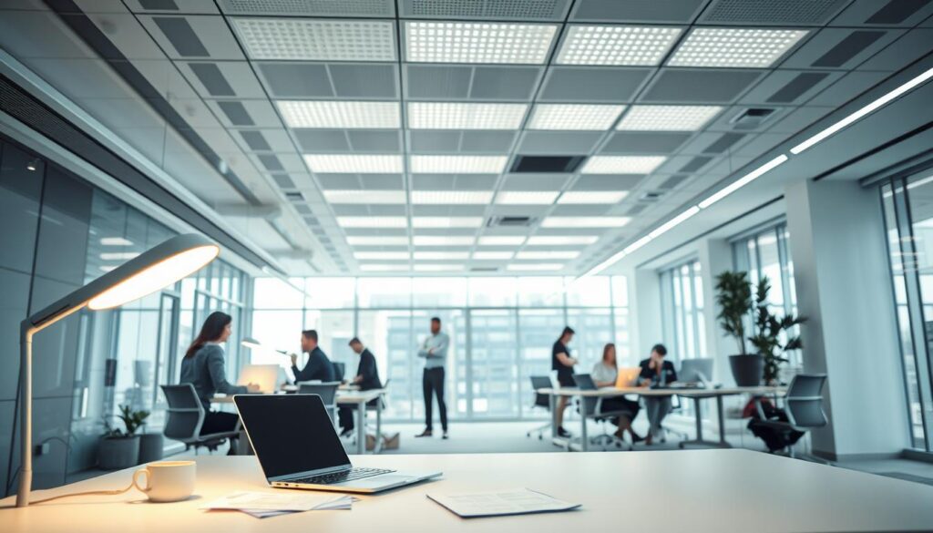 A modern office interior showcasing various low-energy lighting systems. In the foreground, sleek LED desk lamps emit a warm, inviting glow, highlighting papers and a laptop on a minimalist workspace. The middle ground features energy-efficient ceiling lights in a grid pattern, softly illuminating the open-plan office area with diffused light. Business professionals in smart attire collaborate at desks, engaged in conversation, exuding a productive atmosphere. The background depicts large windows allowing natural light to filter through, balancing artificial lighting with bright daylight. The color palette consists of soft whites, cool grays, and gentle blue tones, creating a calming and efficient work environment. The perspective is slightly angled from above, capturing the layout and interaction within the space, emphasizing the importance of modern lighting standards in promoting productivity and energy efficiency.