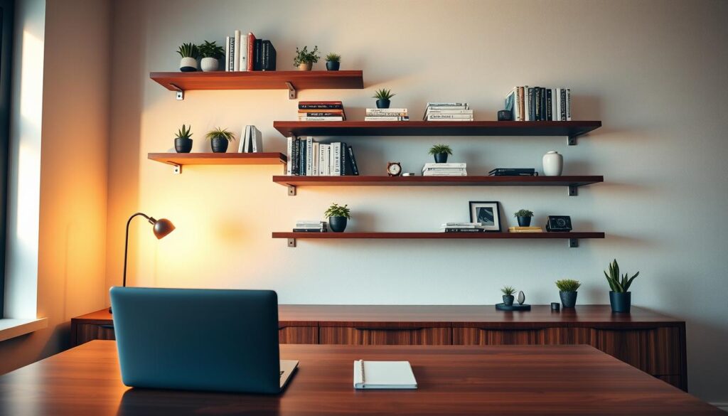 A modern office setting features a sleek desk positioned against a wall, adorned with a meticulously planned layout of floating shelves. In the foreground, an elegant wooden desk holds a stylish laptop and a notepad. The middle layer showcases smartly arranged floating shelves above the desk, displaying neatly organized books, small potted plants, and decorative items, all reflecting a minimalistic aesthetic. The background consists of a softly lit wall with a subtle texture, adding depth to the space. The lighting is warm and inviting, emanating from a nearby window, casting gentle shadows that enhance the three-dimensionality of the shelves. The overall mood is professional yet cozy, creating an ideal workspace atmosphere. The angle captures the scene from slightly below eye level, emphasizing the height and importance of the shelves above.
