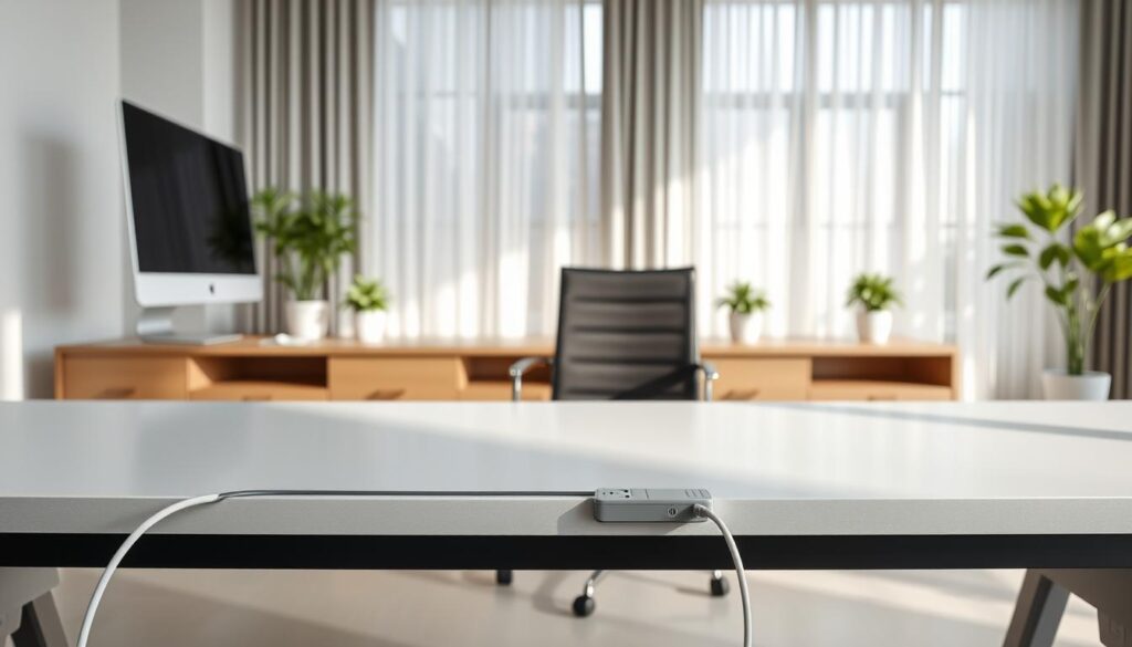 A modern office setting featuring an elegant, minimalist desk with neatly organized items. In the foreground, show a well-concealed power strip integrated into the desk, with thin, hidden cords seamlessly routed along the edges, leading to various devices like a laptop and a sleek monitor. The middle ground displays a stylish chair and potted plants adding a touch of greenery, creating a calm atmosphere. In the background, large windows allow natural light to filter through sheer curtains, casting soft shadows. The overall color palette should be light and airy, with subtle hints of soft gray and white, evoking a sense of organization and tranquility. Capture this scene with a wide-angle lens to emphasize the neatness of the space while maintaining a professional and inviting mood.