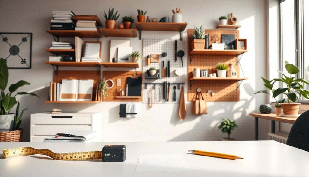 A modern office setting with an organized wall storage system, prominently featuring neatly arranged shelves, hooks, and pegboards filled with office essentials like notebooks, plants, pens, and decorative items. In the foreground, focus on a tape measure and a pencil resting on a clean desk surface, signaling the planning phase. In the middle, showcase a color palette of earthy tones and stylish materials like wood and metal in the wall storage design. The background reveals a well-lit space with natural light filtering through a window, casting soft shadows that create a calm and professional atmosphere. Capture the composition from a slightly elevated angle, ensuring depth while conveying an inviting workspace environment. A modern office setting with an organized wall storage system, prominently featuring neatly arranged shelves, hooks, and pegboards filled with office essentials like notebooks, plants, pens, and decorative items. In the foreground, focus on a tape measure and a pencil resting on a clean desk surface, signaling the planning phase. In the middle, showcase a color palette of earthy tones and stylish materials like wood and metal in the wall storage design. The background reveals a well-lit space with natural light filtering through a window, casting soft shadows that create a calm and professional atmosphere. Capture the composition from a slightly elevated angle, ensuring depth while conveying an inviting workspace environment.