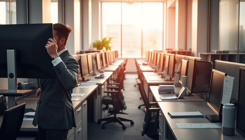 A modern office space featuring a narrow corridor with long desks arranged tightly along the sides, creating a sense of constriction. In the foreground, a professional in business attire is adjusting their computer monitor, emphasizing the challenges of working in a tight layout. The middle ground showcases rows of similar desks, equipped with ergonomic chairs, cluttered with documents and office supplies. In the background, soft natural light filters through large windows, illuminating the corridor and enhancing the feeling of limited space. Use a slight downward angle to capture the depth of the corridor, and employ warm, inviting lighting to create a productive yet constrained atmosphere. Ensure no text or additional elements are present, focusing solely on the office layout and its implications for productivity. A modern office space featuring a narrow corridor with long desks arranged tightly along the sides, creating a sense of constriction. In the foreground, a professional in business attire is adjusting their computer monitor, emphasizing the challenges of working in a tight layout. The middle ground showcases rows of similar desks, equipped with ergonomic chairs, cluttered with documents and office supplies. In the background, soft natural light filters through large windows, illuminating the corridor and enhancing the feeling of limited space. Use a slight downward angle to capture the depth of the corridor, and employ warm, inviting lighting to create a productive yet constrained atmosphere. Ensure no text or additional elements are present, focusing solely on the office layout and its implications for productivity.