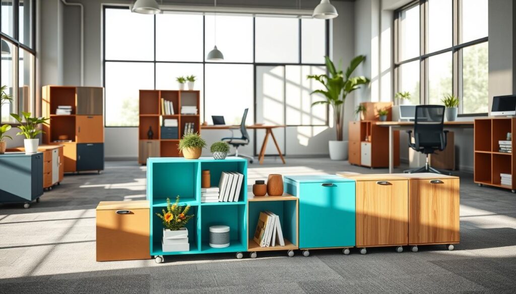 A modern office space featuring a stylish arrangement of cube storage modules in various colors and materials, such as wood, metal, and fabric. In the foreground, a vibrant teal cube is open, revealing neatly organized office supplies and decorative plants. The middle ground shows additional cubes stacked and interspersed with workspace elements like a sleek desk and ergonomic chair, highlighting a dynamic layout. The background showcases large windows allowing natural light to flood the space, casting soft shadows that enhance the friendly atmosphere. The scene evokes a sense of creativity and flexibility, ideal for a contemporary office environment. The composition is well-lit with diffused lighting, capturing a clear and inviting perspective from a slightly elevated angle, emphasizing the versatility of cube storage in professional settings.
