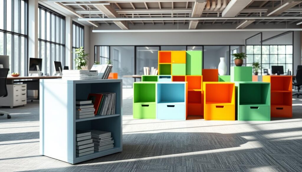 A modern office space featuring an array of colorful storage cubes, each cube showcasing various sizes and arrangements. In the foreground, highlight a large, pale blue cube with a glossy finish, slightly open to reveal neatly organized office supplies inside. In the middle, several medium-sized cubes in vibrant shades of green and orange are arranged in a dynamic layout, creating a sense of movement and flexibility. In the background, a softly lit workspace with natural light filtering through large windows gives a warm atmosphere, enhancing productivity. The scene should evoke a sense of creativity and efficiency, with a polished, professional look that inspires fresh office layout ideas. Use a wide-angle lens to capture the depth of the space, emphasizing the cubes and their potential for versatile storage solutions.