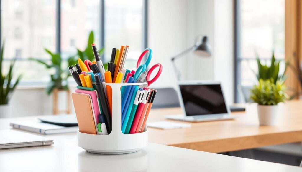 A modern office supply caddy featuring a rotating design, placed prominently in the foreground. The caddy is filled with colorful stationery items like pens, markers, sticky notes, and scissors, all neatly organized for easy access. The middle ground shows a sleek, minimalistic desk setup with a laptop and a stylish desk lamp, emphasizing a clutter-free workspace. In the background, a bright, airy office environment with plants and large windows allows natural light to flood in, creating a warm and inviting atmosphere. The camera angle is slightly elevated, capturing the caddy’s rotation feature while showcasing its functionality. The scene conveys a sense of professionalism and efficiency, perfect for a dynamic shared workspace.
