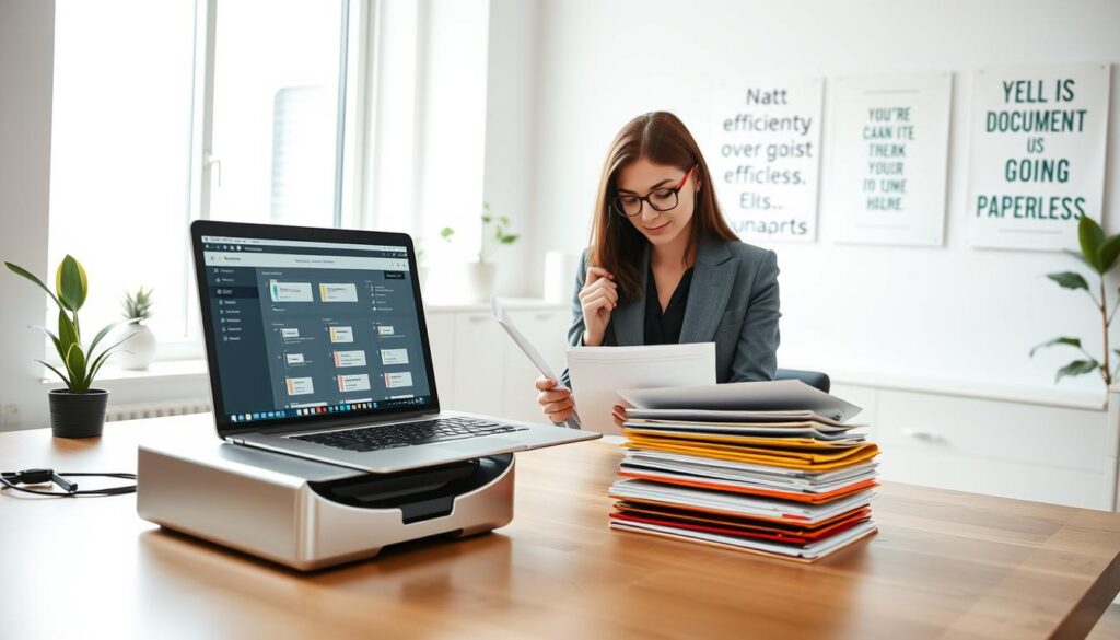 A modern office workspace designed for digital transitions, featuring a sleek wooden desk with a laptop open to a document management software interface. In the foreground, a professional woman in smart business attire is thoughtfully organizing printed papers into labeled files, showcasing her plan for going paperless. In the middle, a shiny scanner and a variety of colorful file folders are arranged neatly, symbolizing preparation for digitization. The background reveals a bright, airy room with large windows allowing natural light to flood in, plants on the windowsill, and motivational posters about efficiency and sustainability. The mood is focused and innovative, aiming to emphasize a forward-thinking approach to document management. Soft, diffused lighting enhances the clean and organized atmosphere, inviting the viewer to envision a clutter-free, paperless future.
