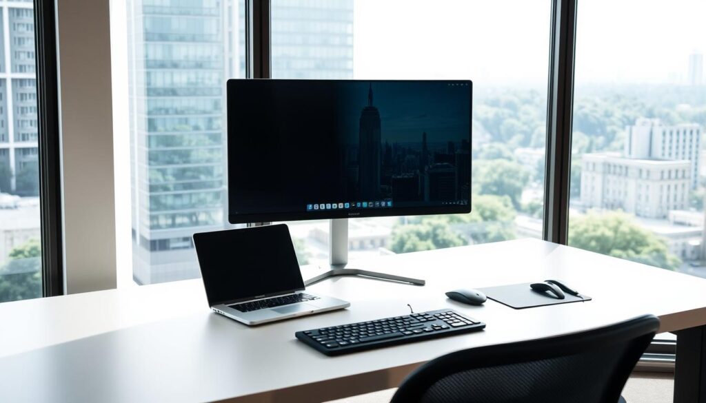 A modern office workspace featuring a computer monitor set at eye level on a sleek, minimalist desk. In the foreground, a well-organized desk with a stylish laptop and ergonomic keyboard, showcasing a relaxed and tidy environment. The middle layer reveals a focus on the monitor displaying a visually appealing workspace layout, with soft natural lighting illuminating the screen to reduce glare. In the background, a large window letting in diffused daylight, providing a view of a green cityscape that enhances the calm atmosphere. The camera angle is slightly above eye level, capturing the monitor's height in relation to seated posture. The overall mood is professional yet inviting, emphasizing a comfortable setup that promotes better posture and productivity.