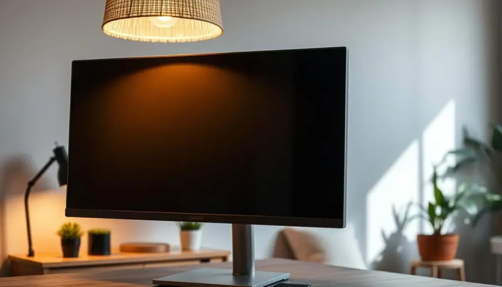 A modern office workspace featuring a sleek, high-resolution monitor displaying soft reflections from a unique, stylish lamp shade overhead. In the foreground, the monitor reflects a warm, diffused light that creates subtle patterns, enhancing the workspace ambiance. The middle layer includes a contemporary wooden desk, complemented by an elegantly designed lamp with a textured shade casting gentle shadows. The background showcases a cozy, well-organized workspace with neutral-colored walls and a few potted plants for added vibrancy. The lighting is soft and inviting, creating a warm atmosphere. The angle captures the monitor slightly off to one side, emphasizing the lamp shade's influence on the reflection.