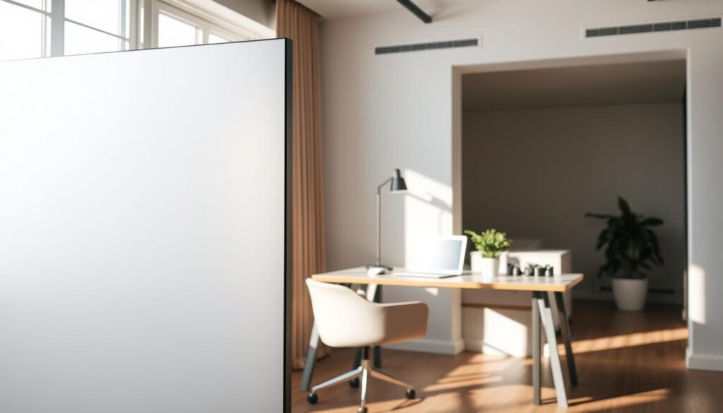 A modern office workspace featuring a stylish privacy screen that acts as a room divider, set in an open apartment. In the foreground, the privacy screen has a sleek, contemporary design with a frosted finish that subtly diffuses light. The middle ground shows a clean, inviting desk with minimal clutter, a laptop, and a potted plant, creating a productive environment. In the background, soft natural light filters in through large windows, casting gentle shadows. The scene is framed at a slight angle to capture the spatial relationship between the desk and the privacy screen. The mood is calm and focused, emphasizing the importance of boundaries in shared living spaces. Ideal for illustrating professional and stylish workspace solutions.
