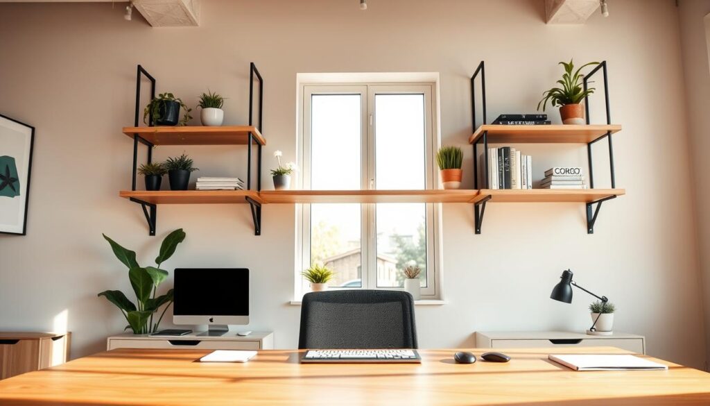 A modern office workspace featuring sleek floating shelves mounted above a desk. The shelves are adorned with potted plants, books, and stylish office supplies, creating a tidy and inviting atmosphere. The foreground highlights a polished wooden desk with minimalistic design, emphasizing organization and productivity. In the middle, the floating shelves are prominent, crafted from light-colored wood with a smooth finish, showcasing an aesthetic balance and visual interest. The background includes a soft-focus depiction of a bright window allowing natural light to pour in, enhancing the overall ambience. The scene is well-lit with warm, inviting light that casts gentle shadows, evoking a sense of tranquility and focus in the workspace. The angle captures a slight bird's-eye view, giving perspective on the effective placement of the shelves.