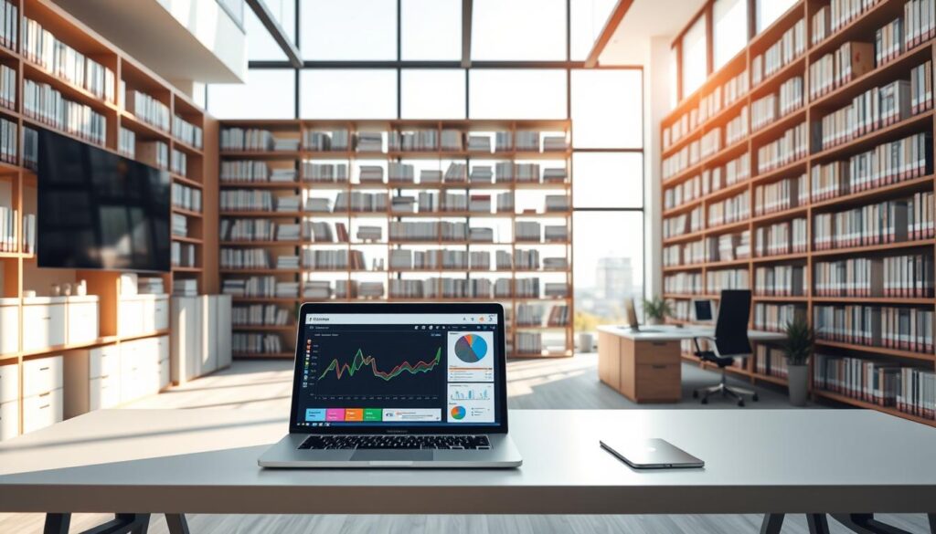 A modern office workspace showcasing a collection of digital screens displaying searchable documents, with an emphasis on efficiency and organization. In the foreground, a sleek, minimalist desk holds a laptop and a tablet, both showing interfaces of document management software with vibrant, colorful graphs and data visualizations. The middle layer features floor-to-ceiling bookshelves filled with neatly organized digital storage devices resembling books. In the background, large windows allow ample natural light to flood the room, creating a warm, inviting atmosphere. Soft shadows add depth, while a wide-angle perspective emphasizes the spaciousness of the room. The mood is professional and innovative, reflecting a future-forward approach to paperless office solutions.