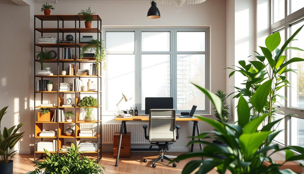 A modern open-apartment office featuring a tall, stylish shelving unit that serves as a room divider. In the foreground, the shelving is filled with vibrant green plants, books, and decorative items, showcasing a blend of functionality and aesthetics. The middle ground highlights a neatly arranged workspace with a wooden desk, ergonomic chair, and a laptop, creating an inviting work environment. The background features soft, natural light streaming through large windows, casting warm shadows and enhancing the cozy atmosphere. The overall mood is calm and productive, with a focus on creating a defined workspace without sacrificing an open feel. The scene should be captured with a slightly elevated angle, revealing both the shelving and the workspace in an engaging composition.