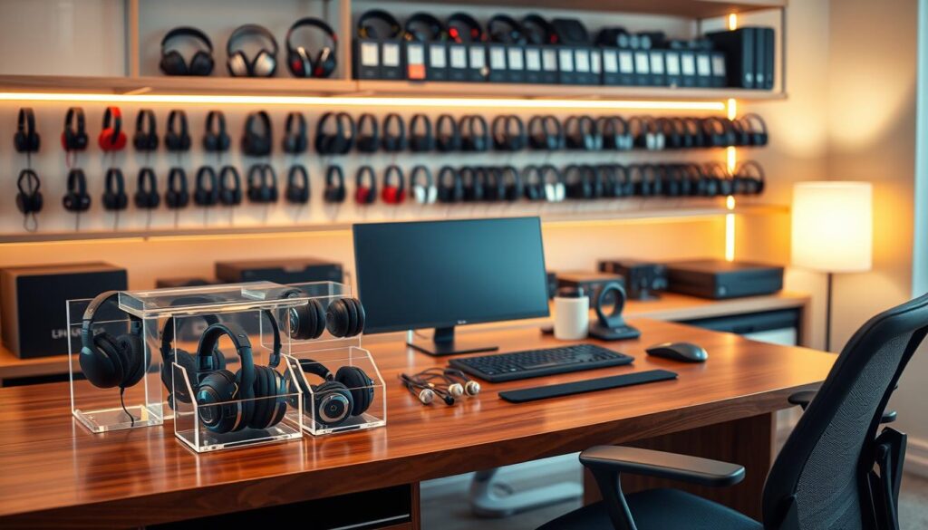 A modern, organized workspace showcasing a neatly arranged equipment collection space specifically for headsets and microphones. In the foreground, a beautifully crafted wooden desk holds various headsets and microphones, displayed in elegant, clear storage solutions like acrylic racks and compartments. The middle ground features shelves lined with additional gear, all clearly labeled, showcasing a variety of colors and designs. The background reveals a softly lit room, with warm lighting illuminating the equipment and creating a professional atmosphere. A sleek ergonomic chair sits beside the desk, emphasizing comfort and productivity. Use a shallow depth of field to softly blur the edges, focusing on the organized equipment while maintaining a clean, polished look. The mood is serene and organized, reflecting a space designed for clarity and efficiency.