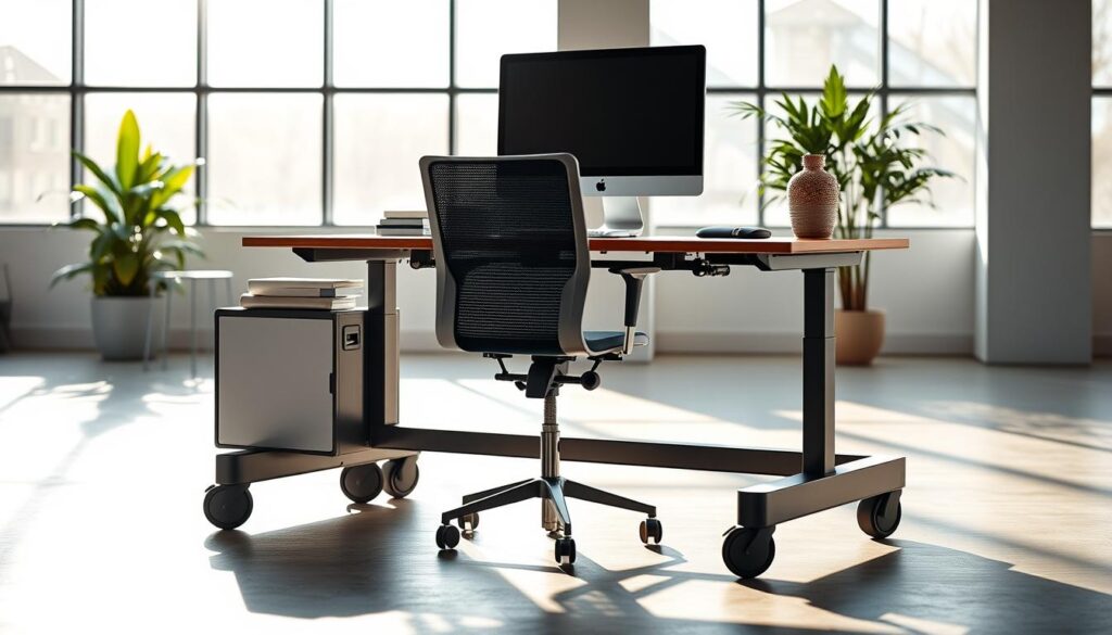 A modern, portable workstation on wheels positioned in a bright, spacious office environment. In the foreground, the workstation features an adjustable-height desk equipped with a laptop, a sleek monitor, and an ergonomic chair, all showcasing a contemporary design. The middle ground includes office supplies neatly arranged, with a stylish potted plant adding a touch of nature. The background features large windows with natural light streaming in, casting gentle shadows that create a warm and inviting atmosphere. The overall mood is professional yet flexible, emphasizing mobility and functionality. Use a wide-angle lens to capture the entire setup, highlighting the versatility of the workstation. The lighting should be bright and airy, evoking a sense of productivity and creativity. A modern, portable workstation on wheels positioned in a bright, spacious office environment. In the foreground, the workstation features an adjustable-height desk equipped with a laptop, a sleek monitor, and an ergonomic chair, all showcasing a contemporary design. The middle ground includes office supplies neatly arranged, with a stylish potted plant adding a touch of nature. The background features large windows with natural light streaming in, casting gentle shadows that create a warm and inviting atmosphere. The overall mood is professional yet flexible, emphasizing mobility and functionality. Use a wide-angle lens to capture the entire setup, highlighting the versatility of the workstation. The lighting should be bright and airy, evoking a sense of productivity and creativity.