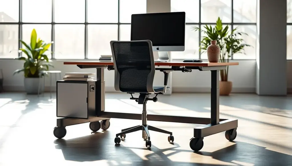 A modern, portable workstation on wheels positioned in a bright, spacious office environment. In the foreground, the workstation features an adjustable-height desk equipped with a laptop, a sleek monitor, and an ergonomic chair, all showcasing a contemporary design. The middle ground includes office supplies neatly arranged, with a stylish potted plant adding a touch of nature. The background features large windows with natural light streaming in, casting gentle shadows that create a warm and inviting atmosphere. The overall mood is professional yet flexible, emphasizing mobility and functionality. Use a wide-angle lens to capture the entire setup, highlighting the versatility of the workstation. The lighting should be bright and airy, evoking a sense of productivity and creativity.