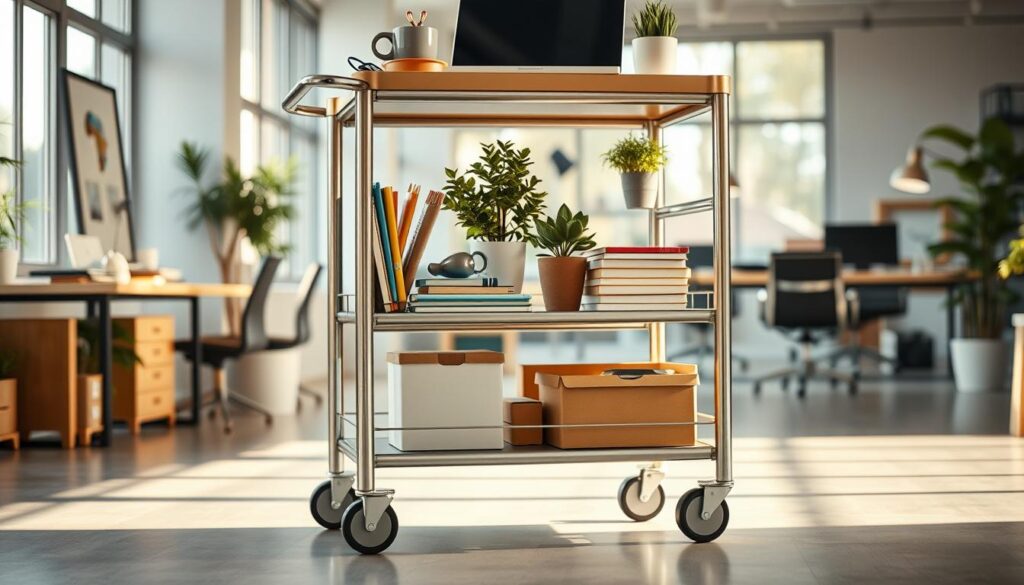 A modern rolling cart, showcasing three tiered shelves filled with various office supplies, plants, and decorative items. The cart should be made of sleek metal with a minimalist design, featuring wheels for mobility and a handle for easy maneuvering. In the foreground, include a neatly arranged assortment of colorful stationery and a laptop on the top shelf. The middle section reveals a potted plant and stacks of notebooks, while the bottom shelf has boxes for storage. In the background, a bright and airy office space with large windows and contemporary furniture gives a sense of organized chaos. The lighting should be soft and warm, creating an inviting atmosphere, captured from a low angle to emphasize the cart and its functionality.