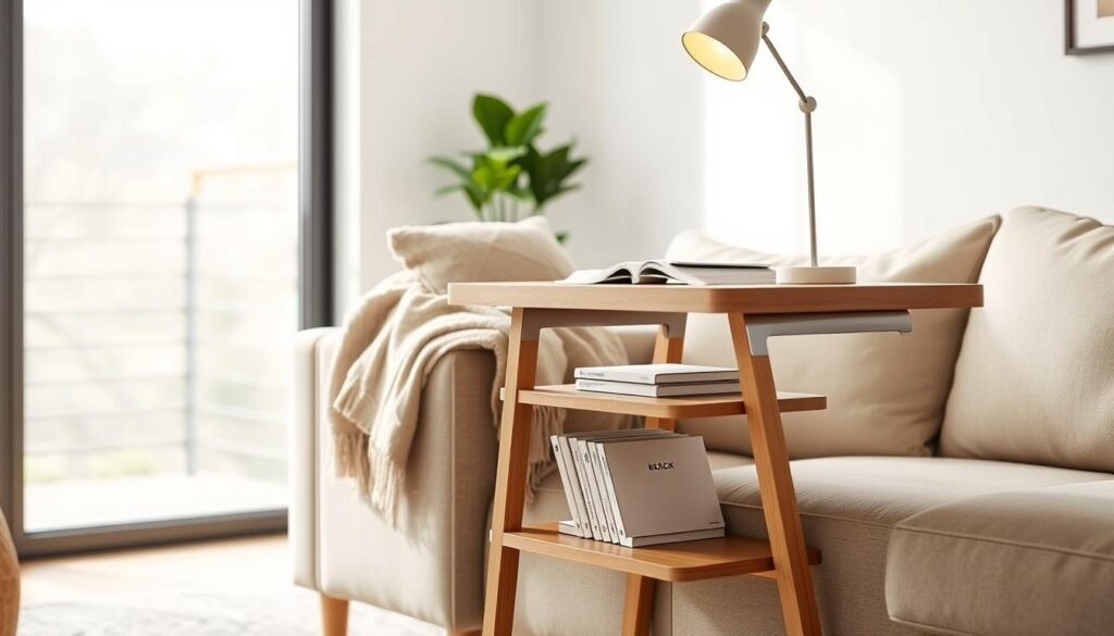 A modern side table designed for ergonomic use, positioned beside a comfortable sofa in a cozy, light-filled living room. The side table is made of natural wood with a sleek, minimalist design, featuring a lower shelf for easy access to books and a lamp. A cozy throw blanket drapes over the arm of the sofa, while a stylish, contemporary lamp casts a warm, inviting glow. In the background, a large window showcases soft, diffused daylight, enhancing the inviting atmosphere. The scene is captured from a slightly elevated angle to emphasize the table's functional height relative to the sofa. The mood is calm and relaxed, perfect for a casual work setting, focusing on practicality and aesthetic charm.
