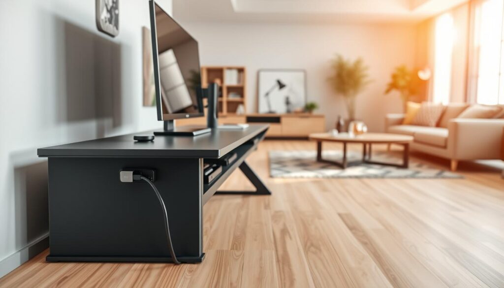 A modern, sleek console desk seamlessly integrated into a cozy living room setting, showcasing effective cable management. In the foreground, focus on the console, which features built-in technology like an elegant monitor and small smart devices, with neatly organized cables running into hidden compartments. The middle of the scene reveals a stylish rug and minimalistic furniture that complements the console's design. In the background, soft natural light filters through large windows, illuminating the room and highlighting warm, inviting colors. A subtle depth of field effect draws attention to the desk, enhancing the clean, professional atmosphere while showcasing a harmonious blend of technology and home comfort.