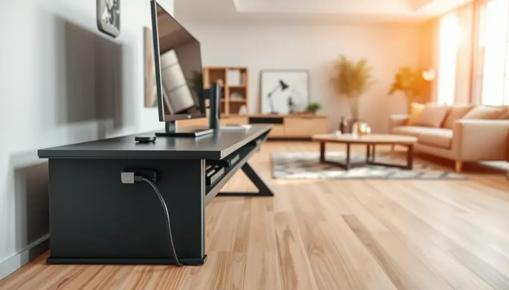 A modern, sleek console desk seamlessly integrated into a cozy living room setting, showcasing effective cable management. In the foreground, focus on the console, which features built-in technology like an elegant monitor and small smart devices, with neatly organized cables running into hidden compartments. The middle of the scene reveals a stylish rug and minimalistic furniture that complements the console's design. In the background, soft natural light filters through large windows, illuminating the room and highlighting warm, inviting colors. A subtle depth of field effect draws attention to the desk, enhancing the clean, professional atmosphere while showcasing a harmonious blend of technology and home comfort. A modern, sleek console desk seamlessly integrated into a cozy living room setting, showcasing effective cable management. In the foreground, focus on the console, which features built-in technology like an elegant monitor and small smart devices, with neatly organized cables running into hidden compartments. The middle of the scene reveals a stylish rug and minimalistic furniture that complements the console's design. In the background, soft natural light filters through large windows, illuminating the room and highlighting warm, inviting colors. A subtle depth of field effect draws attention to the desk, enhancing the clean, professional atmosphere while showcasing a harmonious blend of technology and home comfort.