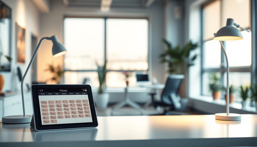 A modern, sleek office space illuminated by soft, warm smart lighting. In the foreground, a stylish white desk features a digital calendar displayed on a tablet, with scheduled work and break times highlighted. A high-tech lamp casts a gentle glow, signaling focus during work hours. In the middle ground, an ergonomic chair and potted plants create a balanced work environment, promoting productivity. The background showcases large windows with natural light filtering in, enhancing the inviting atmosphere. The scene is captured from a slightly angled perspective, using a soft-focus lens to create a calming ambiance, suggesting an organized, efficient workflow that integrates smart lighting into daily routines. The color palette features soothing hues of blue and beige, instilling a sense of tranquility and focus.
