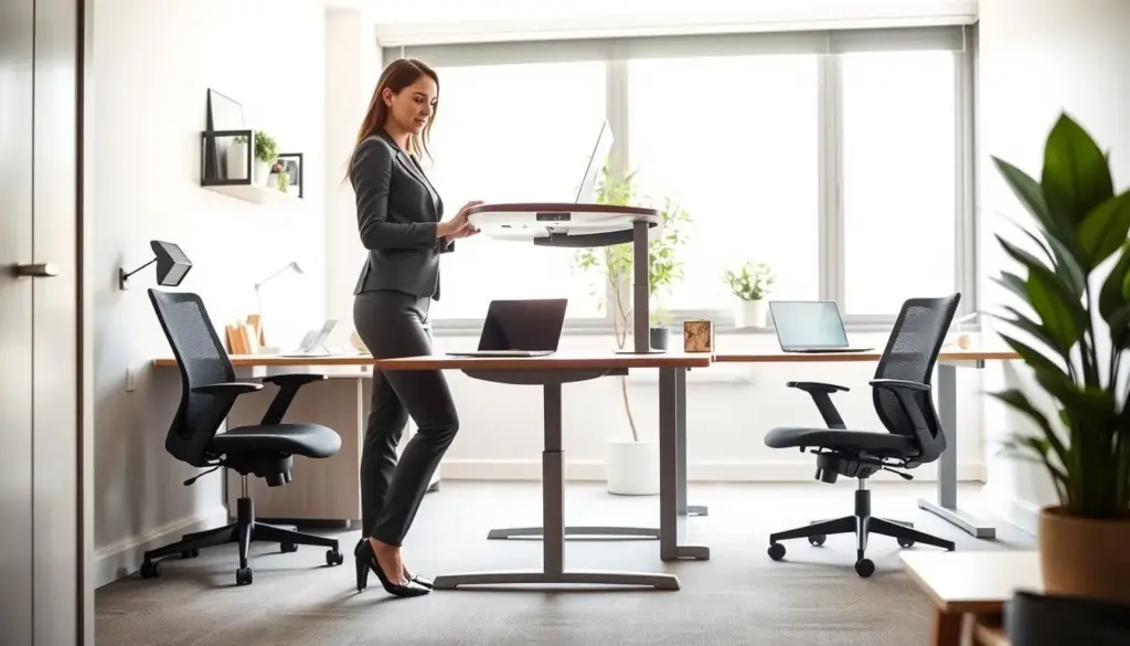 A modern small home office featuring adjustable-height desks that accommodate multiple users. In the foreground, a professional woman in business attire stands beside an elevated desk, demonstrating its height adjustment feature. The middle ground showcases two ergonomic chairs, a laptop on one desk, and a potted plant for an inviting touch. In the background, a large window lets in soft natural light, illuminating the workspace and creating a bright, airy atmosphere. Neutral colors with pops of green from the plants enhance the professional yet calming environment. The scene is captured from an angled perspective, emphasizing the functionality and versatility of the space while conveying a sense of collaboration and comfort.