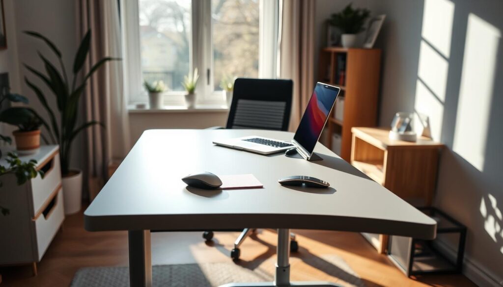 A modern standing desk converter is prominently displayed in a well-lit home office setting. The foreground features a sleek, adjustable desk converter with a smooth surface, displaying a laptop, a notepad, and an ergonomic mouse. In the middle background, a comfortable office chair is positioned beside a window that allows natural light to stream in, creating a warm ambiance. The room is decorated with indoor plants and minimalistic decor, enhancing the productivity vibes. Soft shadows cast by the afternoon sun highlight the contours of the converter. Capture the image from a slightly elevated angle to showcase the desk converter's height adjustability. The atmosphere should convey a sense of professional efficiency and a balance between modern and cozy workspace designs.