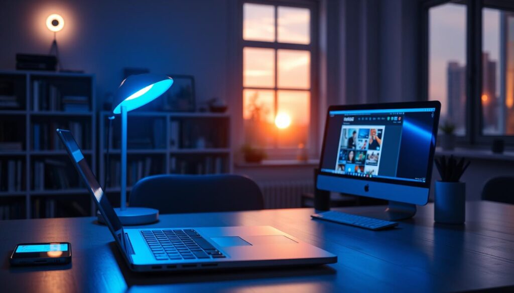 A modern workspace dimly lit by soft ambient light, featuring various sources of blue light exposure. In the foreground, a sleek laptop emits a bright blue glow, with a smartphone beside it displaying notifications. In the middle ground, a softly glowing LED desk lamp casts cool blue hues, while a computer monitor shows a vibrant webpage with blue accents. The background showcases bookshelves filled with tech-related literature and a window with a sunset that subtly blends warm and cool tones, enhancing the contrast of blue light within the scene. The atmosphere is both serene and modern, reflecting the impact of blue light in everyday life. The lighting should create a calm yet engaging mood, emphasizing the innovative technology in the workspace.